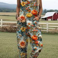 Women's Vintage Flower Art Print Casual 100% Cotton Wide Leg Jumpsuit