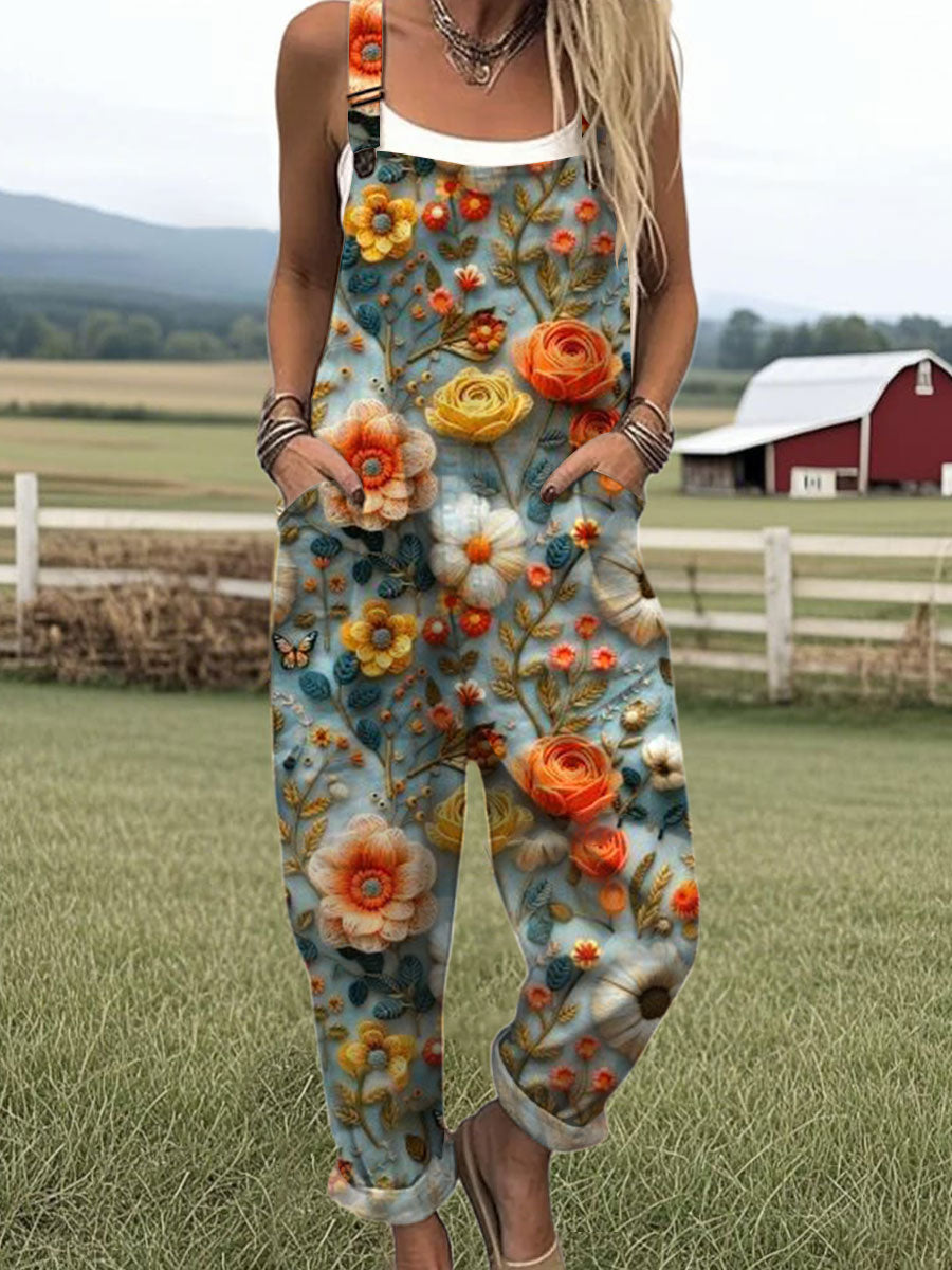 Women's Vintage Flower Art Print Casual 100% Cotton Wide Leg Jumpsuit