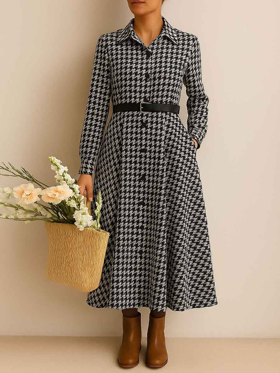 Women's Plaid Print Lapel Long Sleeve Casual Loose Cotton and Linen Shirt Dress