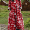 Women's Vintage Christmas Snowflake Art Print Pocket V-neck Cotton Dress