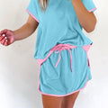 Women's Crew Neck Short Sleeves Contrast Trim Loose Casual Tops Elastic Waist Tie Contrast Trim Loose Skirt Sporty Outfits