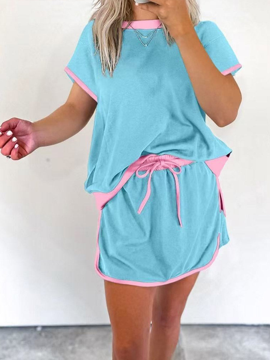 Women's Crew Neck Short Sleeves Contrast Trim Loose Casual Tops Elastic Waist Tie Contrast Trim Loose Skirt Sporty Outfits