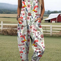 Women's Lovely Chicken Floral Pattern Art Print Casual 100% Cotton Wide Leg Jumpsuit
