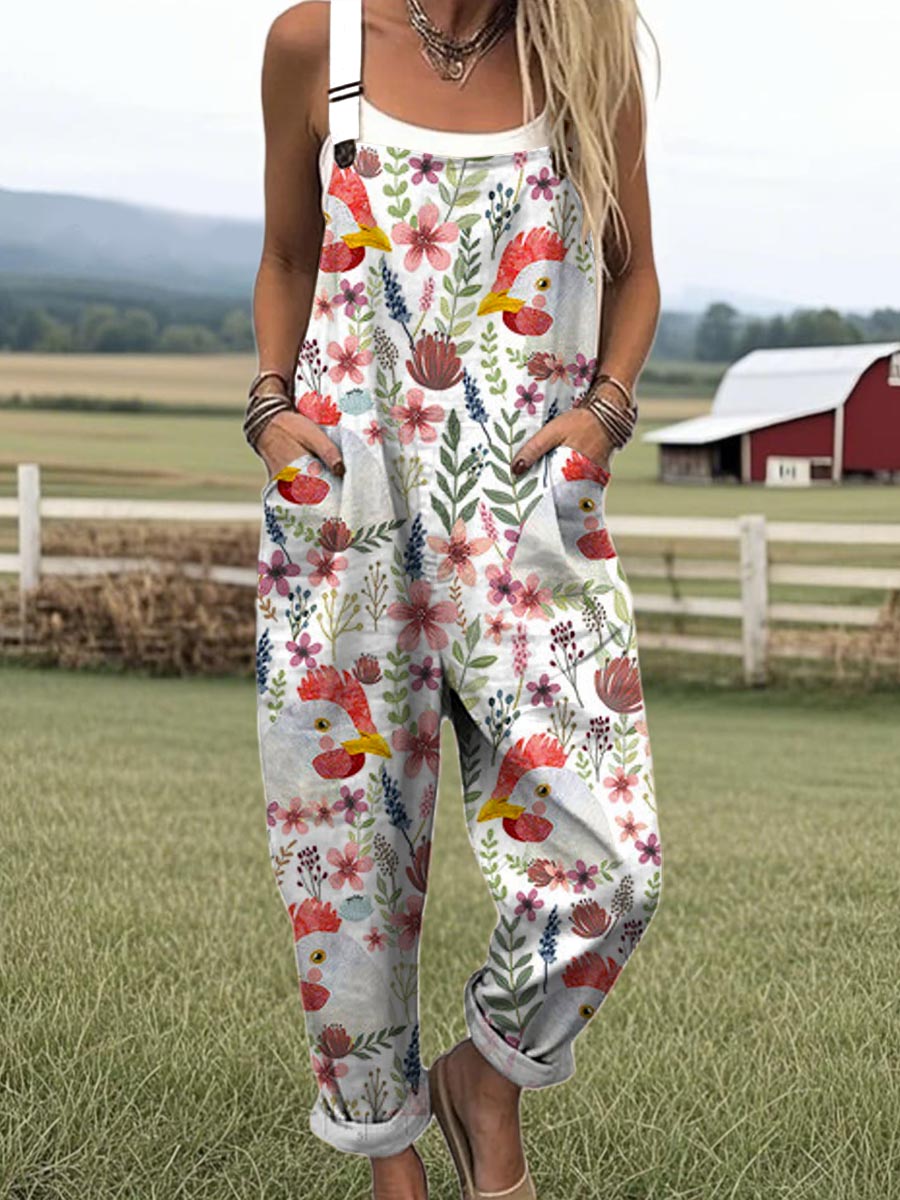 Women's Lovely Chicken Floral Pattern Art Print Casual 100% Cotton Wide Leg Jumpsuit