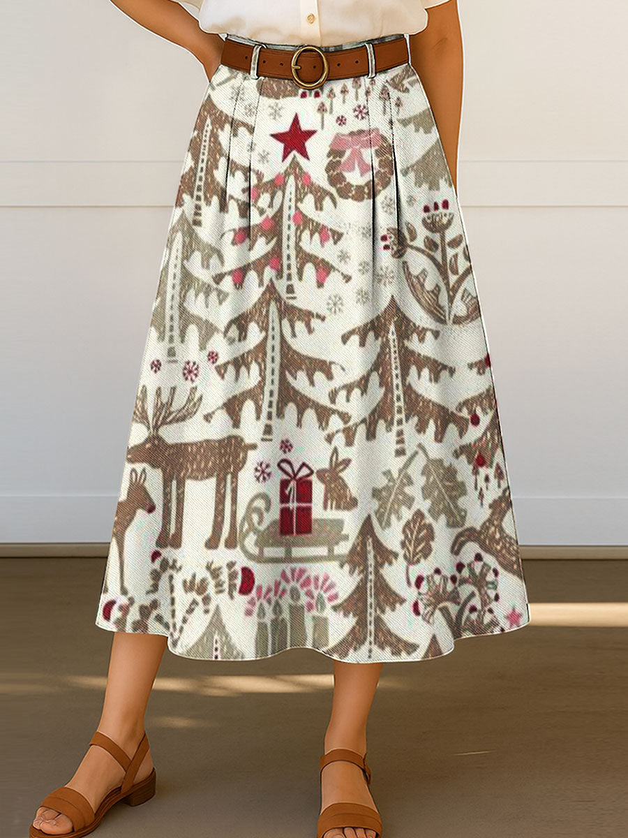 Women's Christmas Trees Pattern Print Casual Cotton Skirt