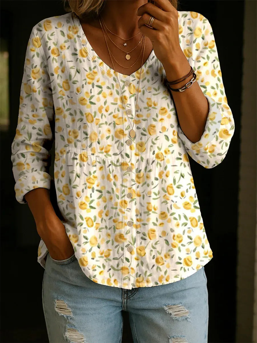 Women's Yellow Flower Art Print Casual Cotton Shirt