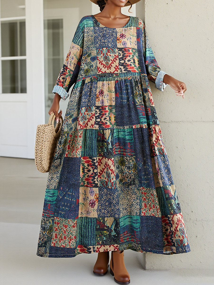 Women's Loose Floral Plaid Splicing Printed Cotton Dress