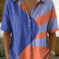 Women's Retro Color-block Artistic Print Cotton-linen Short-sleeve Shirt
