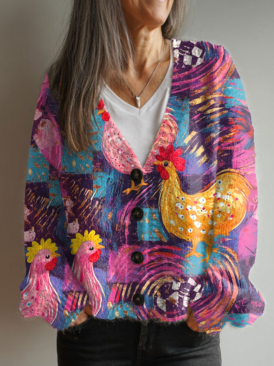 vintage-chicken-art-print-buttoned-v-neck-cardigan-sweater-xca8