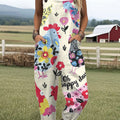 Women's  Funny Rooster Flower Art Print Casual 100% Cotton Wide Leg Jumpsuit
