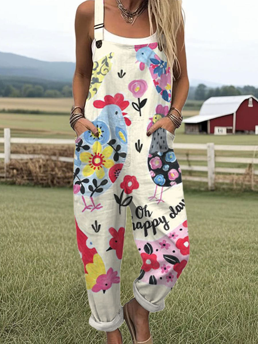 Women's  Funny Rooster Flower Art Print Casual 100% Cotton Wide Leg Jumpsuit