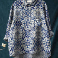 Women's Watercolor Blue And White Porcelain Print Casual Cotton And Linen Shirt