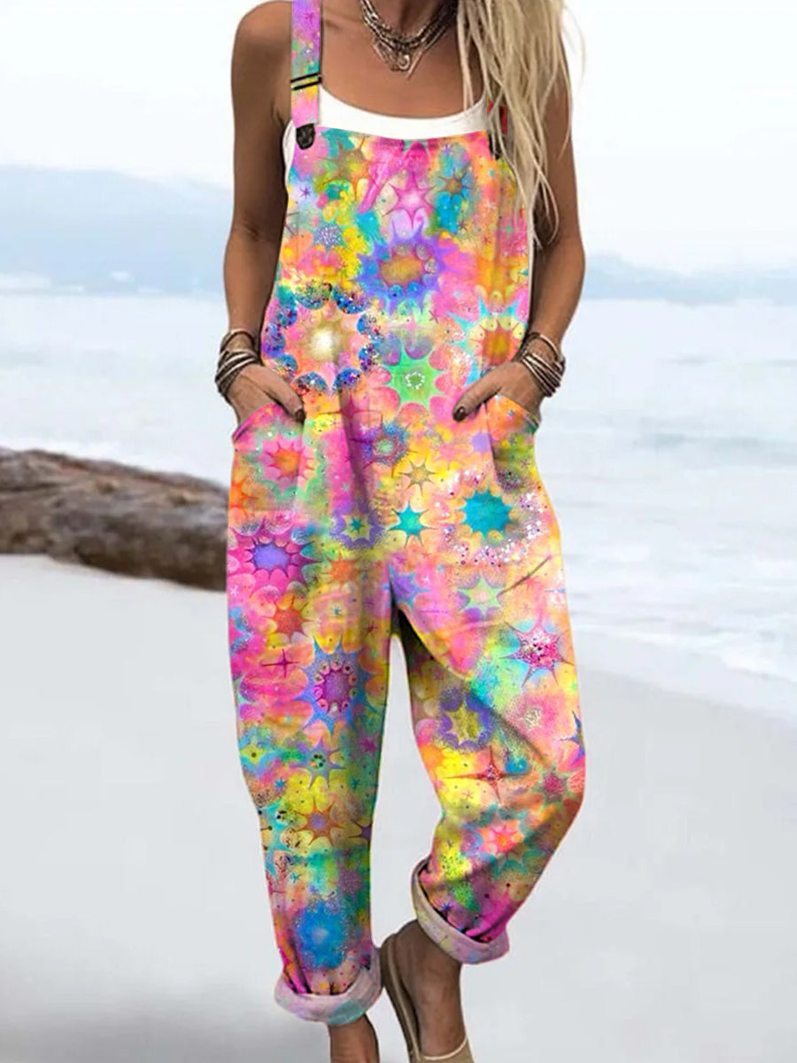 Women's Colourful Art Abstract Patterns Print Casual 100% Cotton Wide Leg Jumpsuit