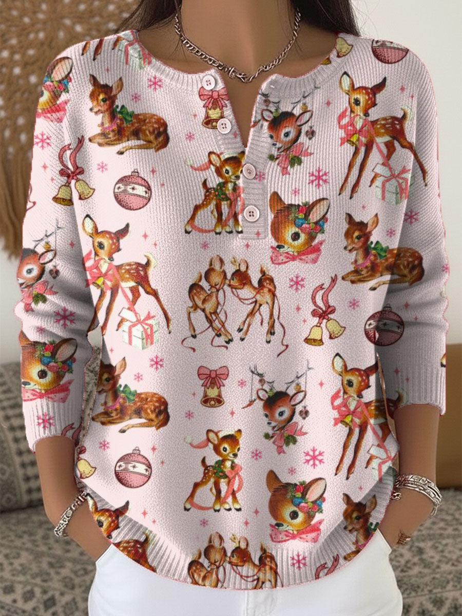 Women's Christmas Deer Art Print Buttoned Cardigan Sweater