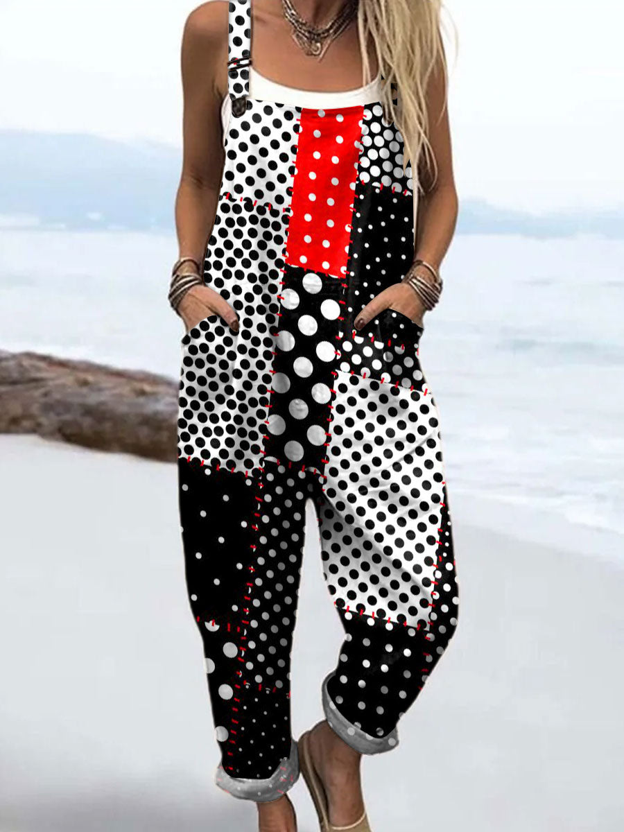 Women's Retro Polka Dot Patchwork Art Print Casual 100% Cotton Wide Leg Jumpsuit