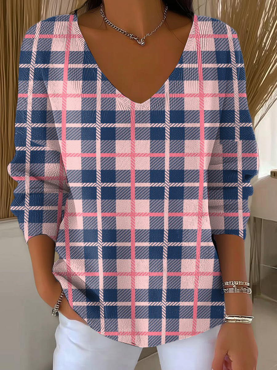 Women's Tricolor Plaid Print Casual Pullover Sweater