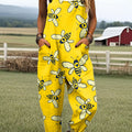 Women's Vintage Bee Art Print Casual 100% Cotton Wide Leg Jumpsuit