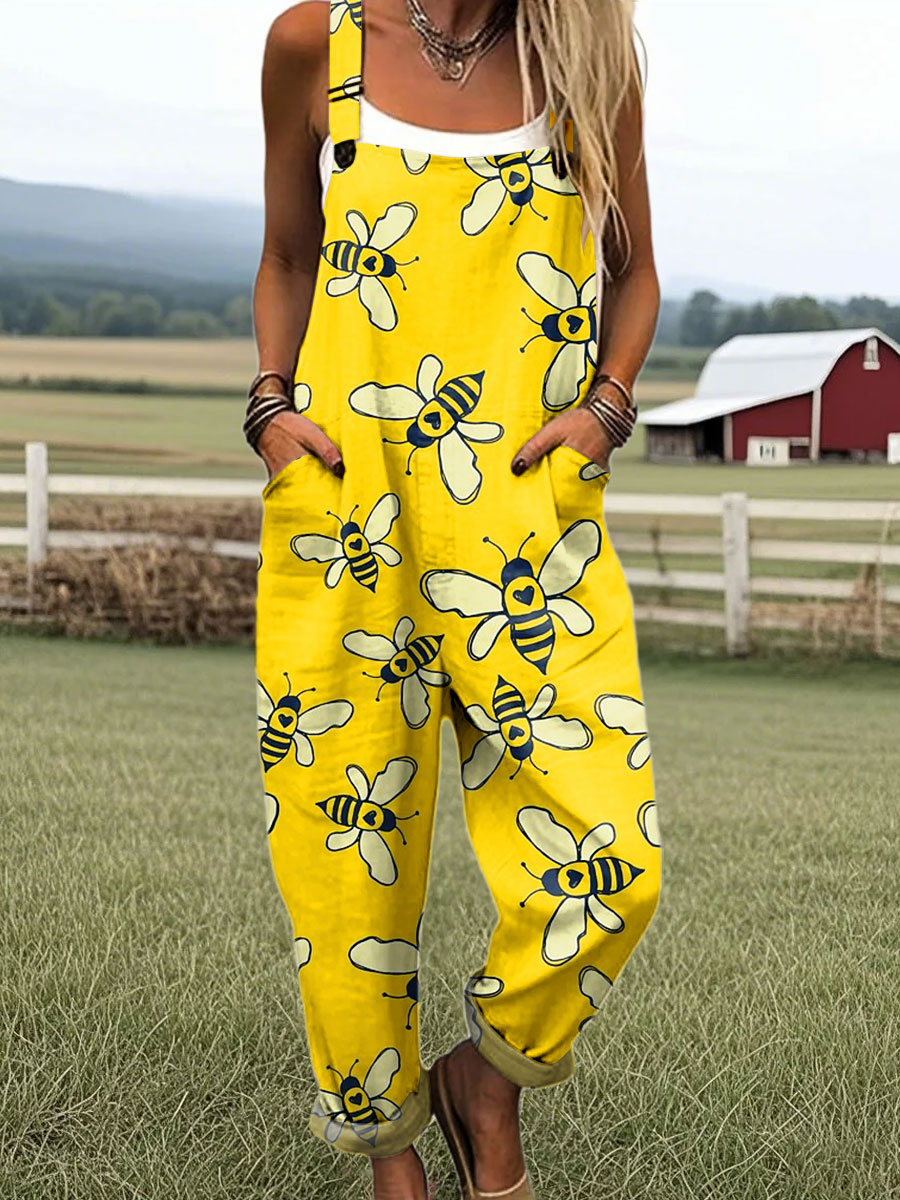 Women's Vintage Bee Art Print Casual 100% Cotton Wide Leg Jumpsuit