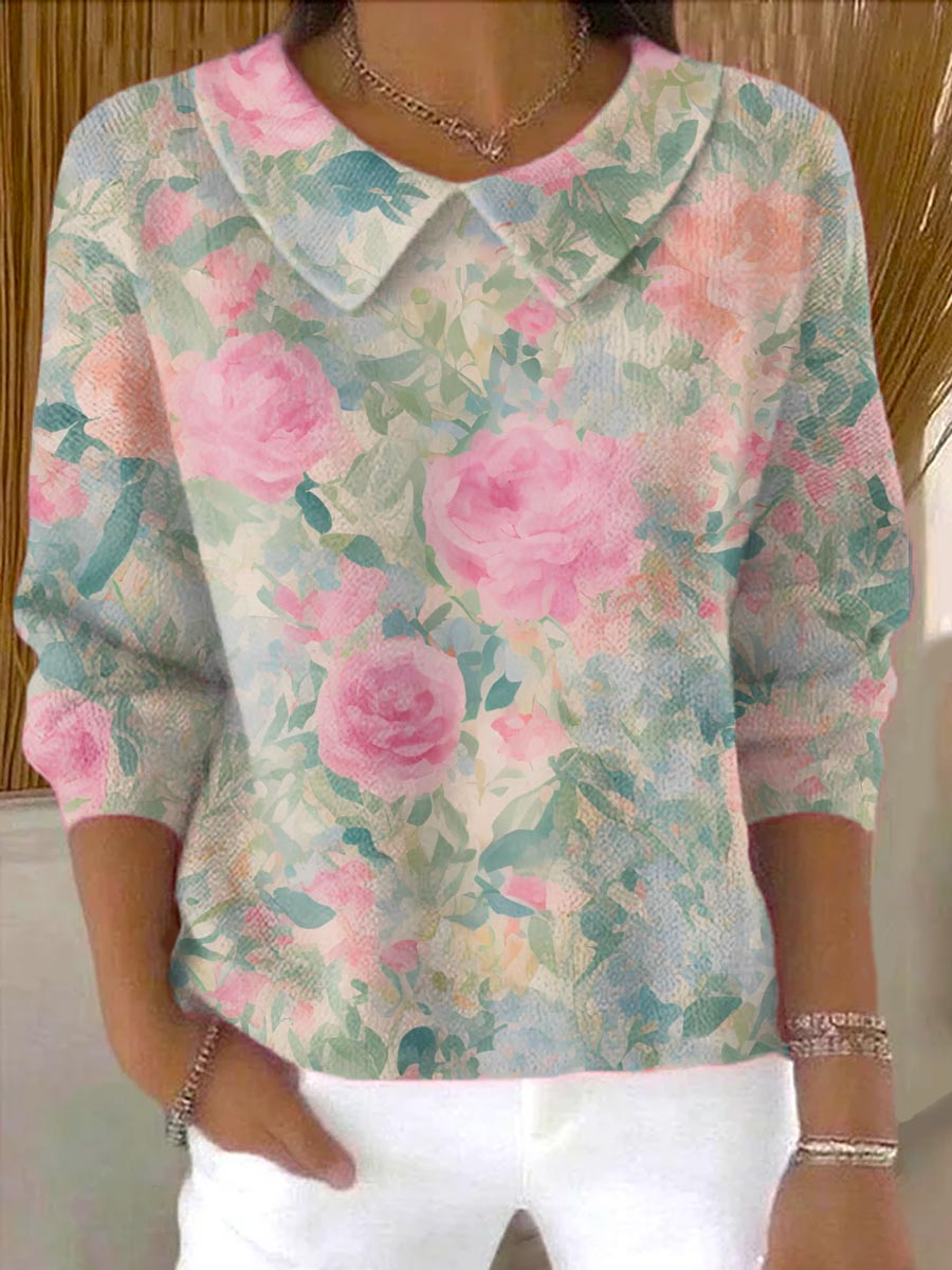 womens-floral-art-print-casual-peter-pan-collar-3-4-sleeve-sweater-mmm3