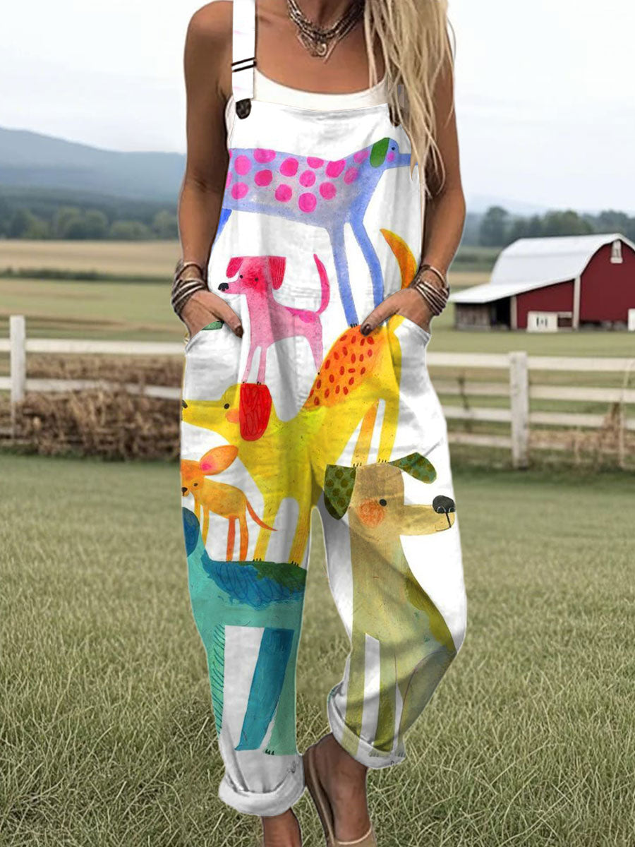 Women's  Funny Dog Art Print Casual 100% Cotton Wide Leg Jumpsuit