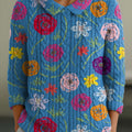 Pull vintage pour femme à imprimé floral, col Claudine, manches 3/4, 1 DVD