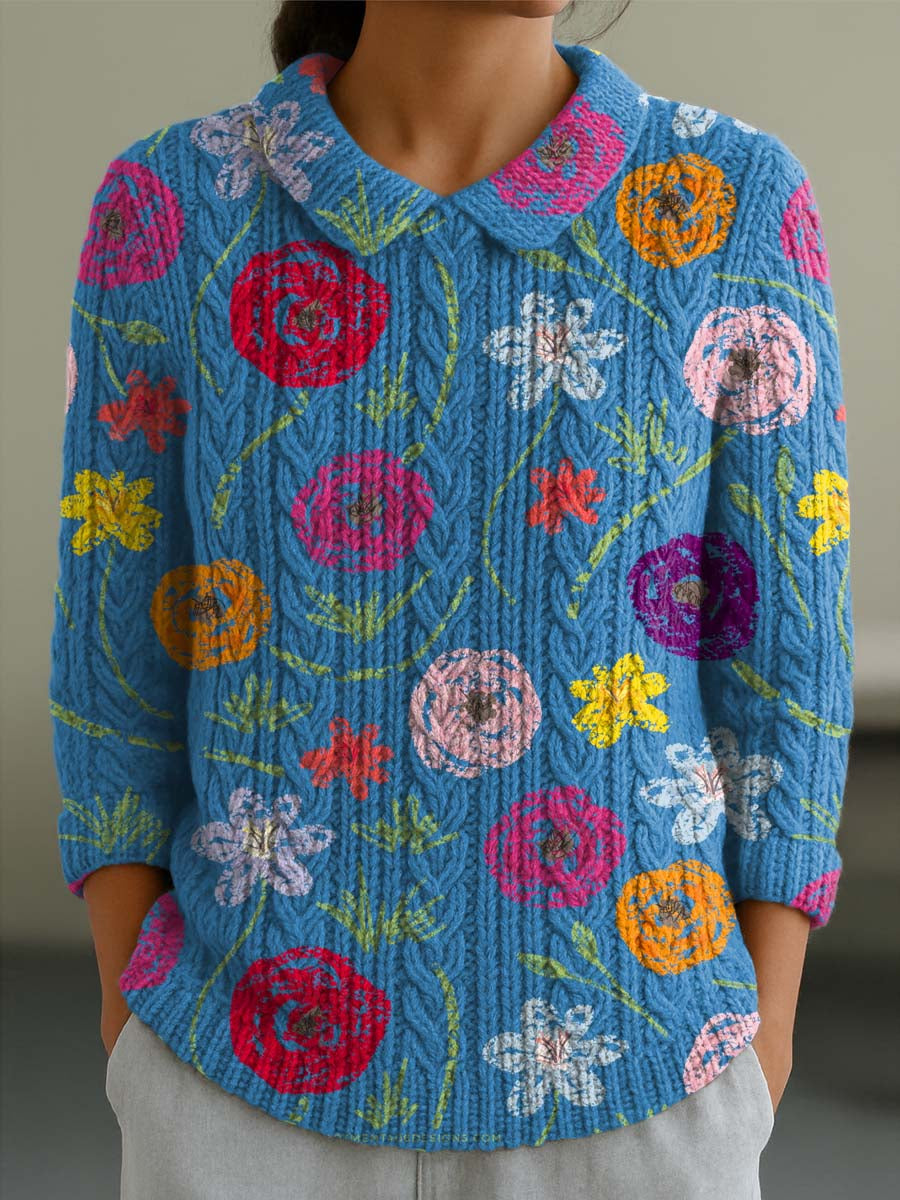 womens-vintage-floral-art-print-casual-peter-pan-collar-3-4-sleeve-sweater-1dvd