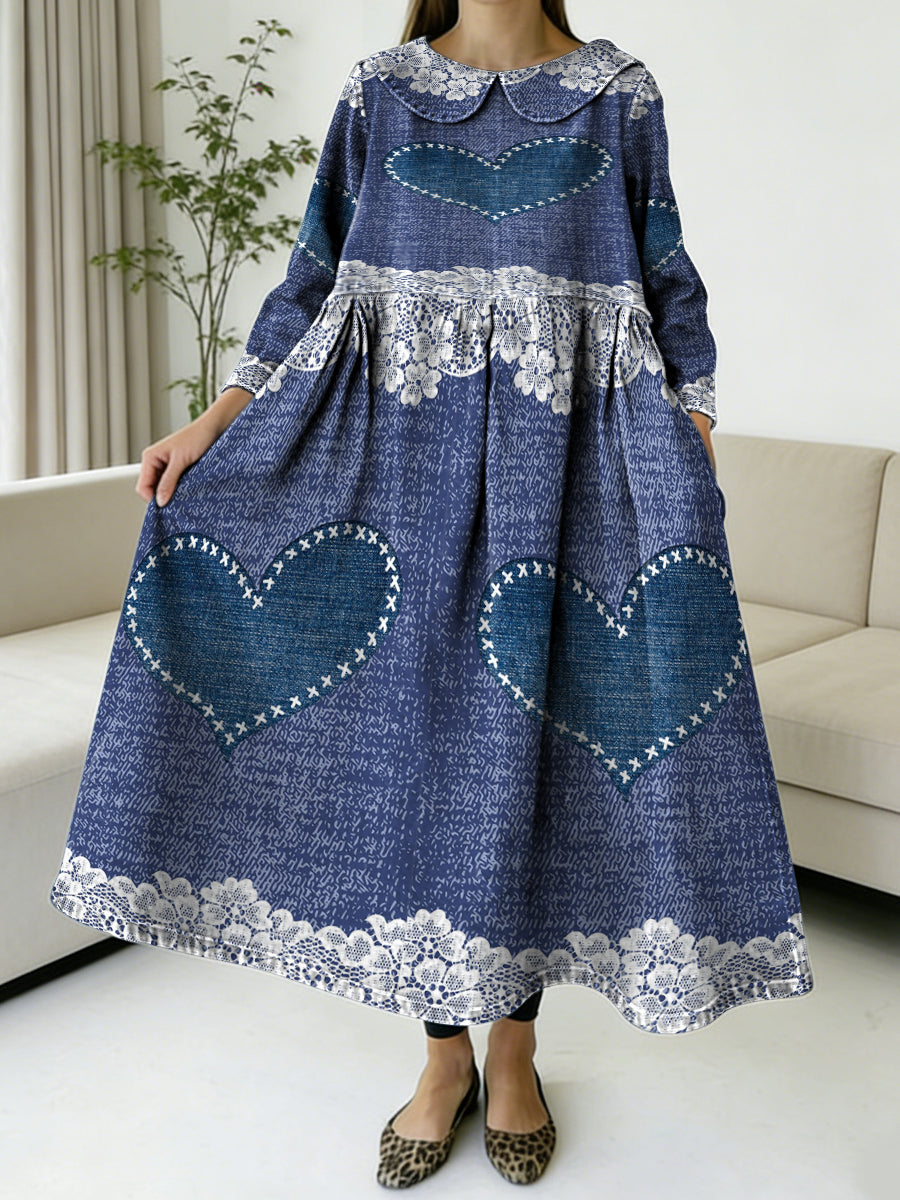 Valentine's Day Denim-style Lace Heart Decorative Pattern Women's Casual Peter Pan Collar Long Sleeve Dress