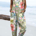 Women's Vintage Floral Art  Print Casual 100% Cotton Wide Leg Jumpsuit