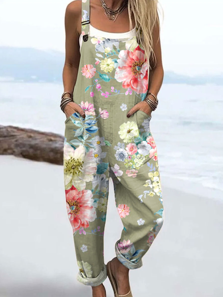 Women's Vintage Floral Art  Print Casual 100% Cotton Wide Leg Jumpsuit