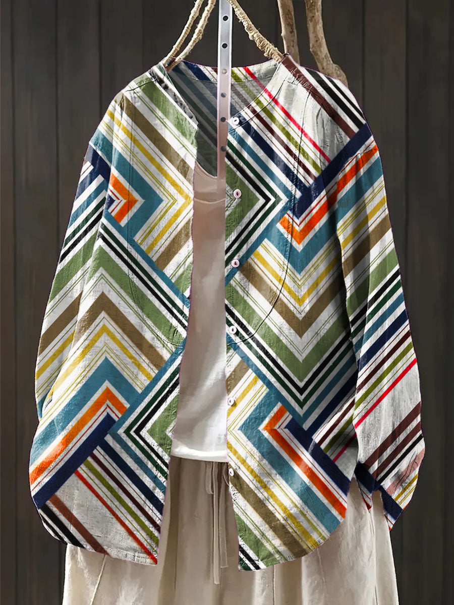 Women's Geometric Art Print Casual Cotton And Linen Shirt