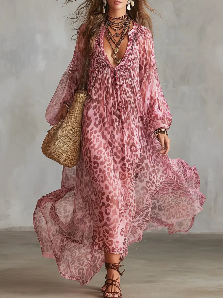 Women's Retro Leopard Art Casual Stylish Chiffon Maxi Dress