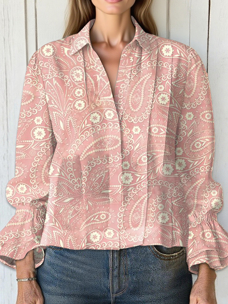 Women's  Vintage Cashew Flower  Art Print Casual  Cotton And Linen Shirt