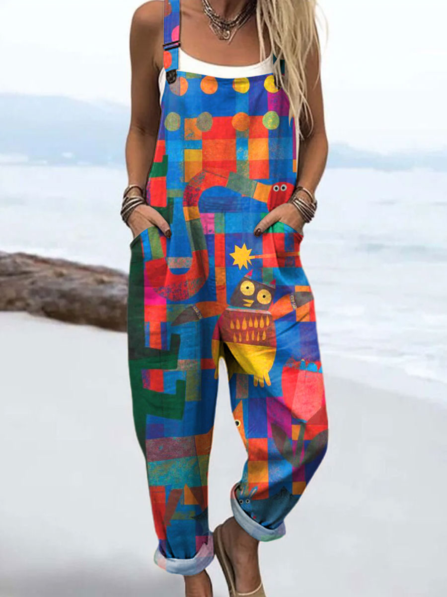 Women's Colorful Animal Art Print Casual 100% Cotton Wide Leg Jumpsuit