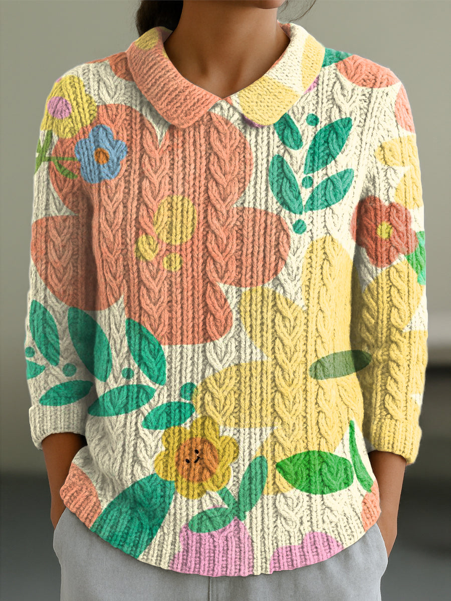 womens-beautiful-colorful-large-flower-painting-art-print-casual-peter-pan-collar-3-4-sleeve-sweater-9jbm