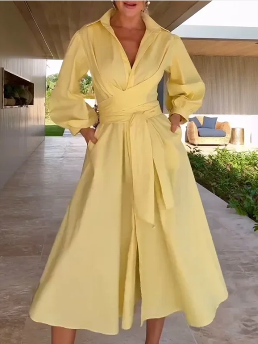 Elegant Waist Tie Cotton Dress