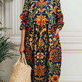 Women's Vintage Flower Art Print Pocket Cotton Dress