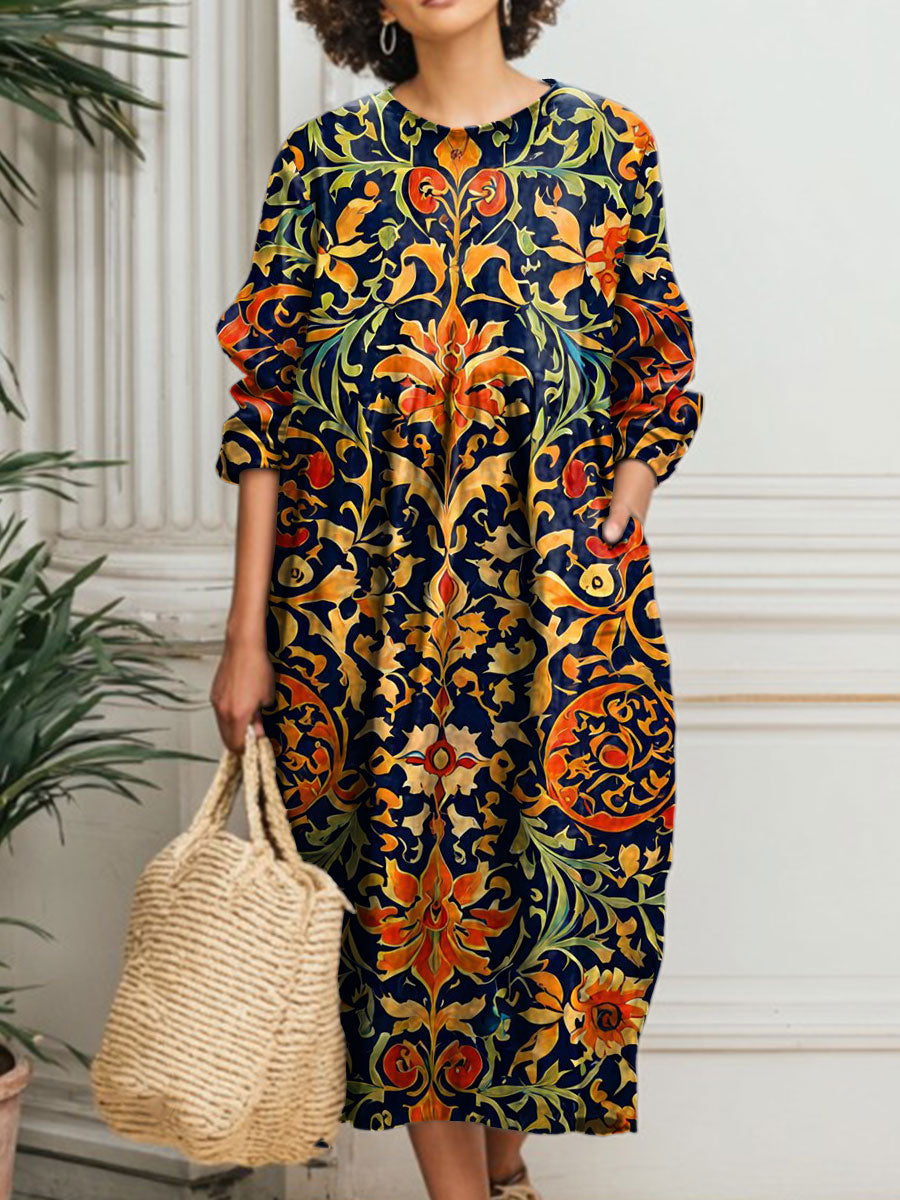 Women's Vintage Flower Art Print Pocket Cotton Dress