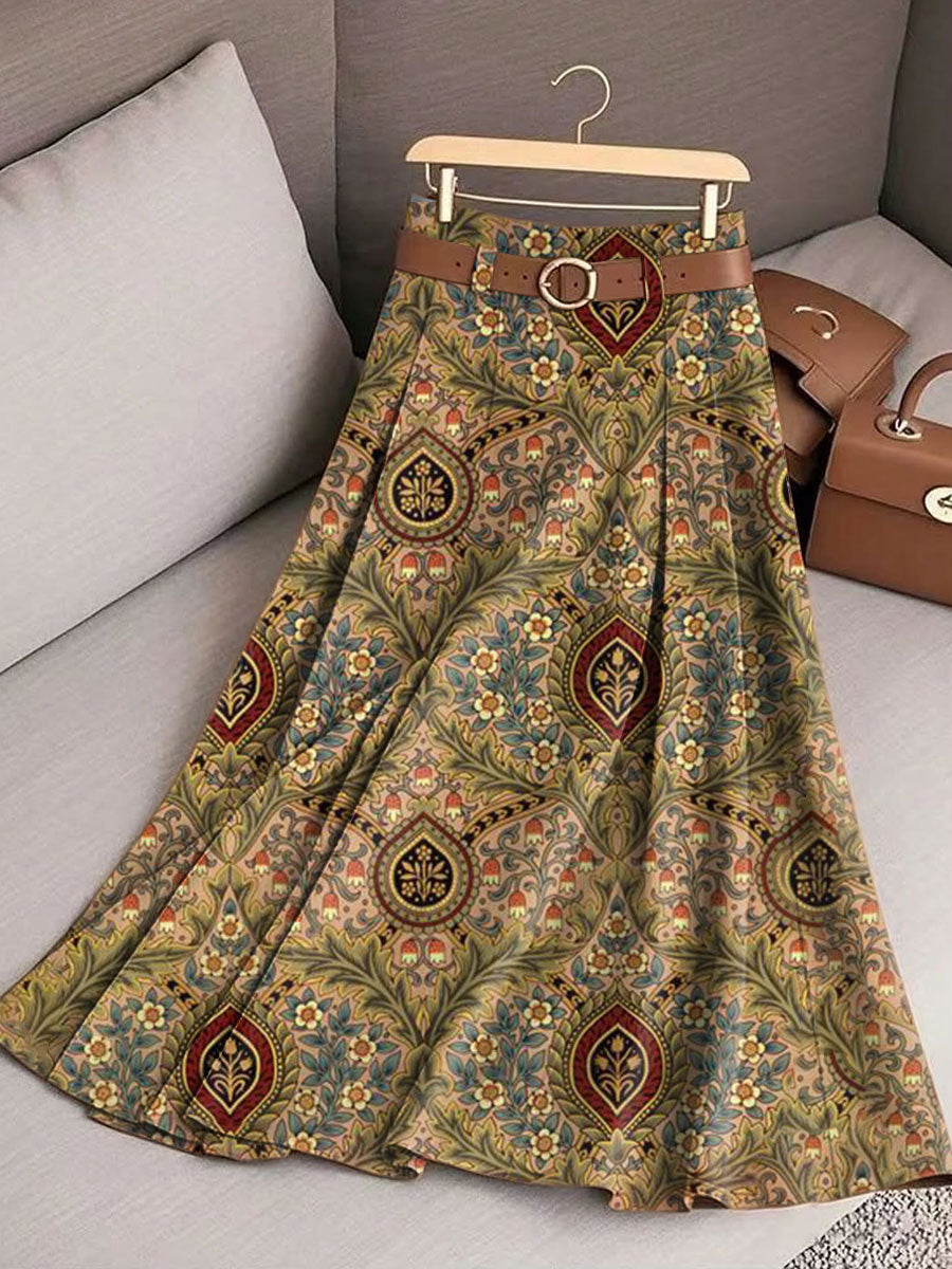 Women's Vintage Flower Art Print Casual Cotton Skirt