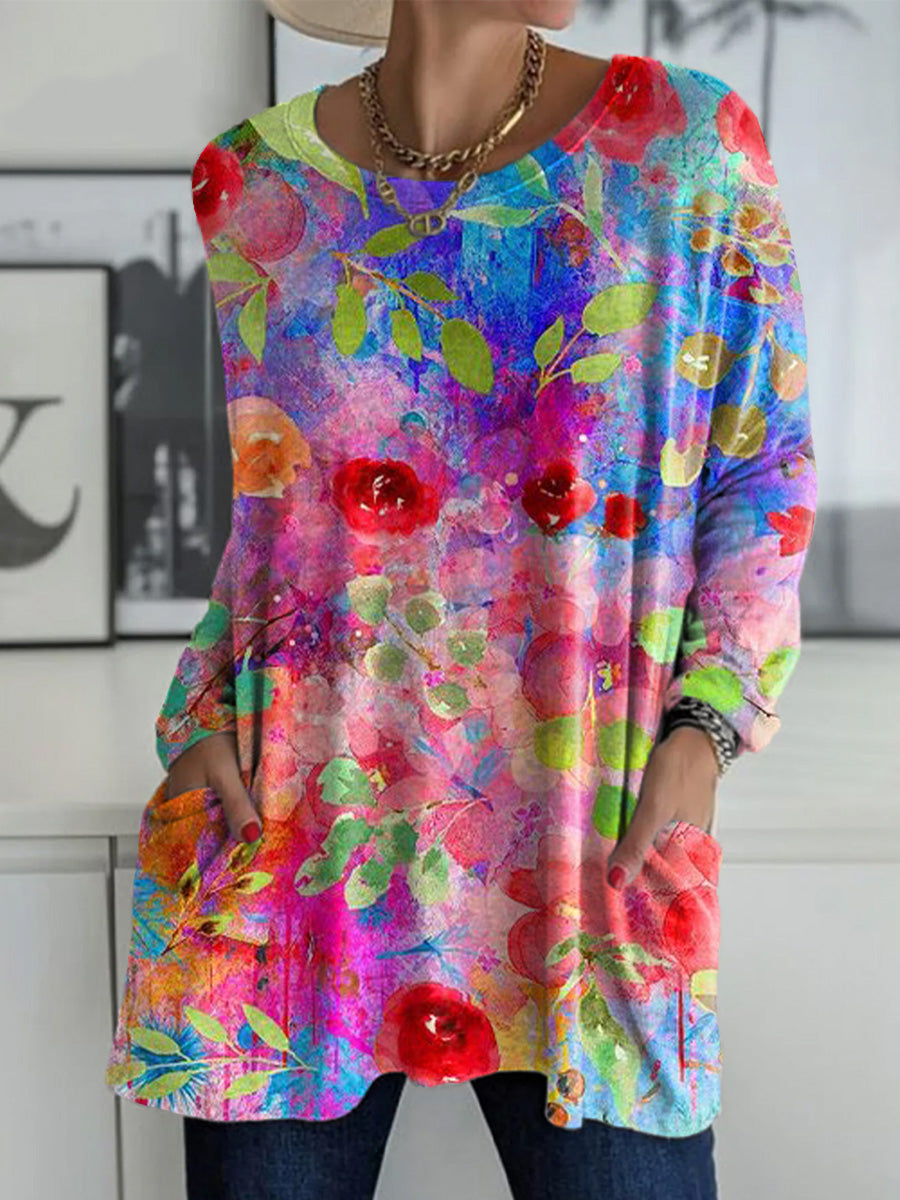 Women's Beautiful Colorful Floral Painting Art Print Casual Long Sleeve T-shirt