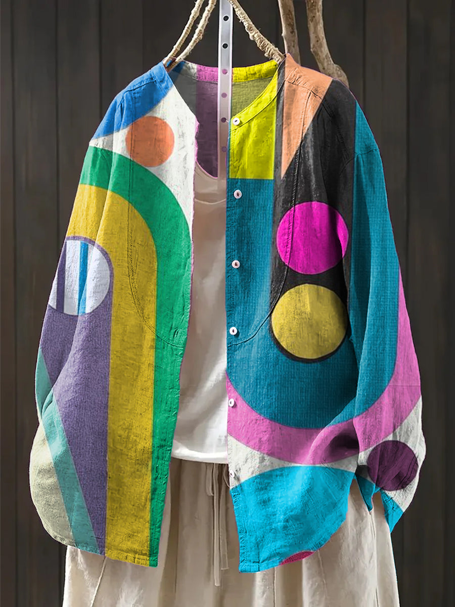 Women's Abstract Colorful Geometric Color Block Painting Art Print Casual Cotton And Linen Shirt
