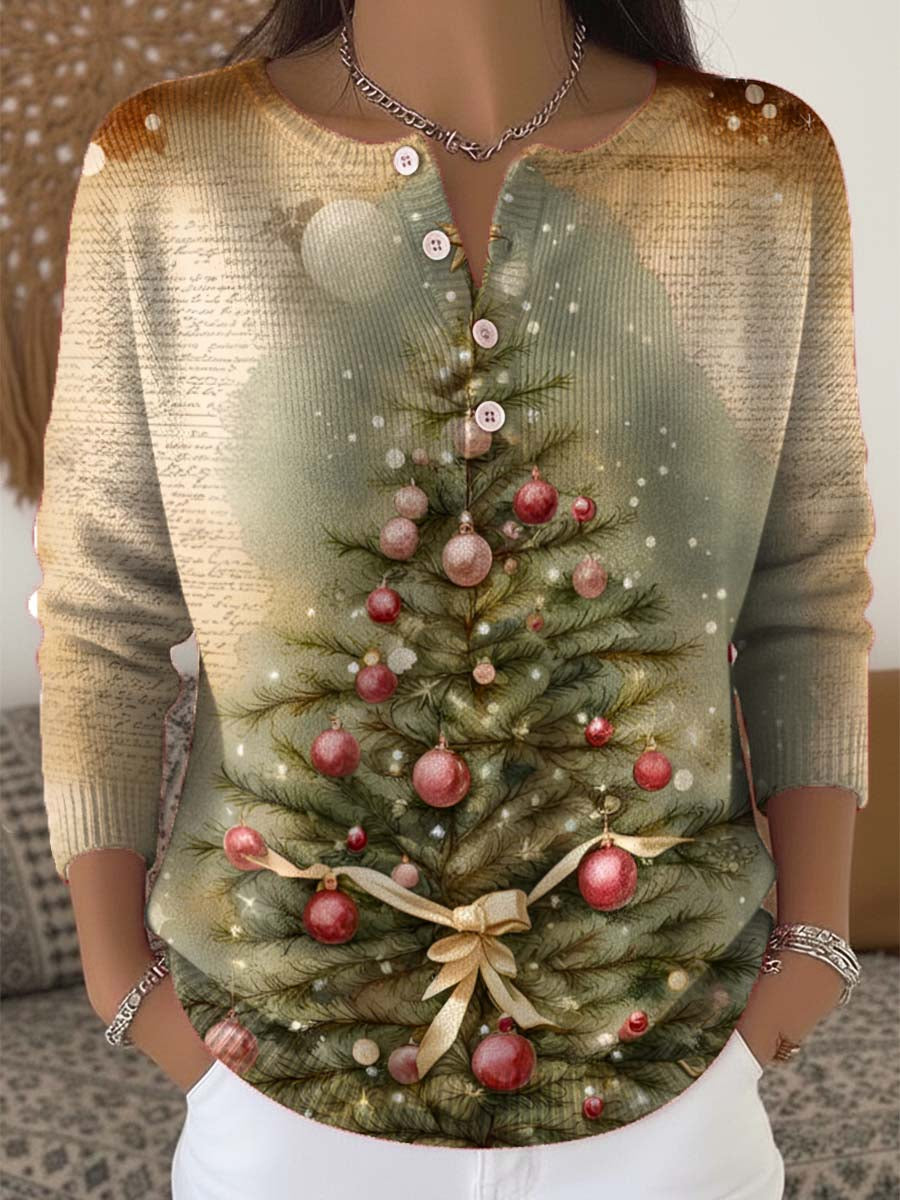 Women's Christmas Tree Art Print Buttoned Cardigan Sweater