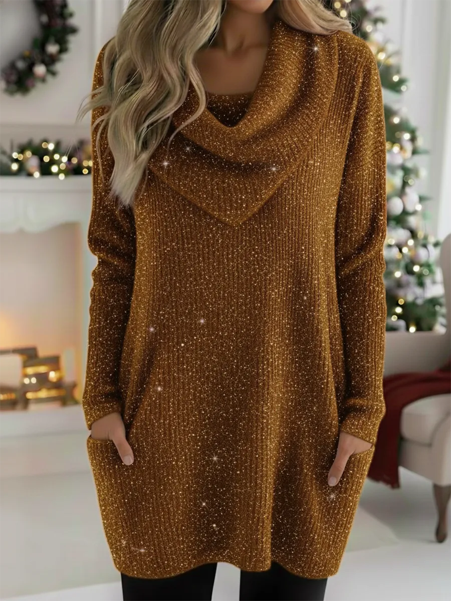 Christmas Retro Cowl Collar Shiny Knitted Sweater