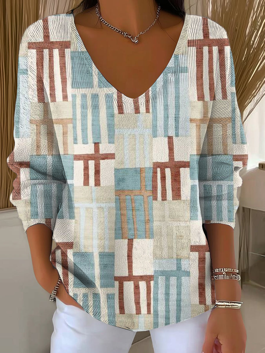 Women's Beautiful Vintage Abstract Plaid Painting Art Print Casual Pullover Sweater