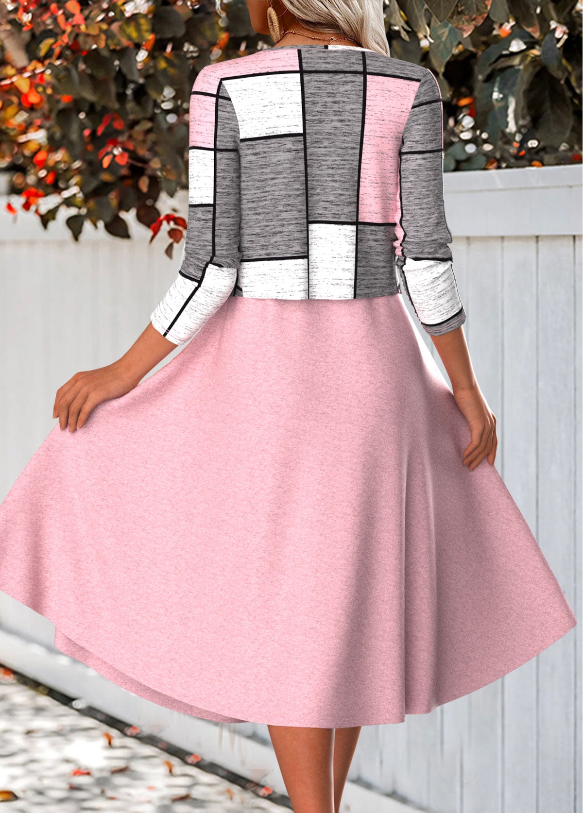 Pink Two Piece Plaid Long Sleeve Dress and Cardigan