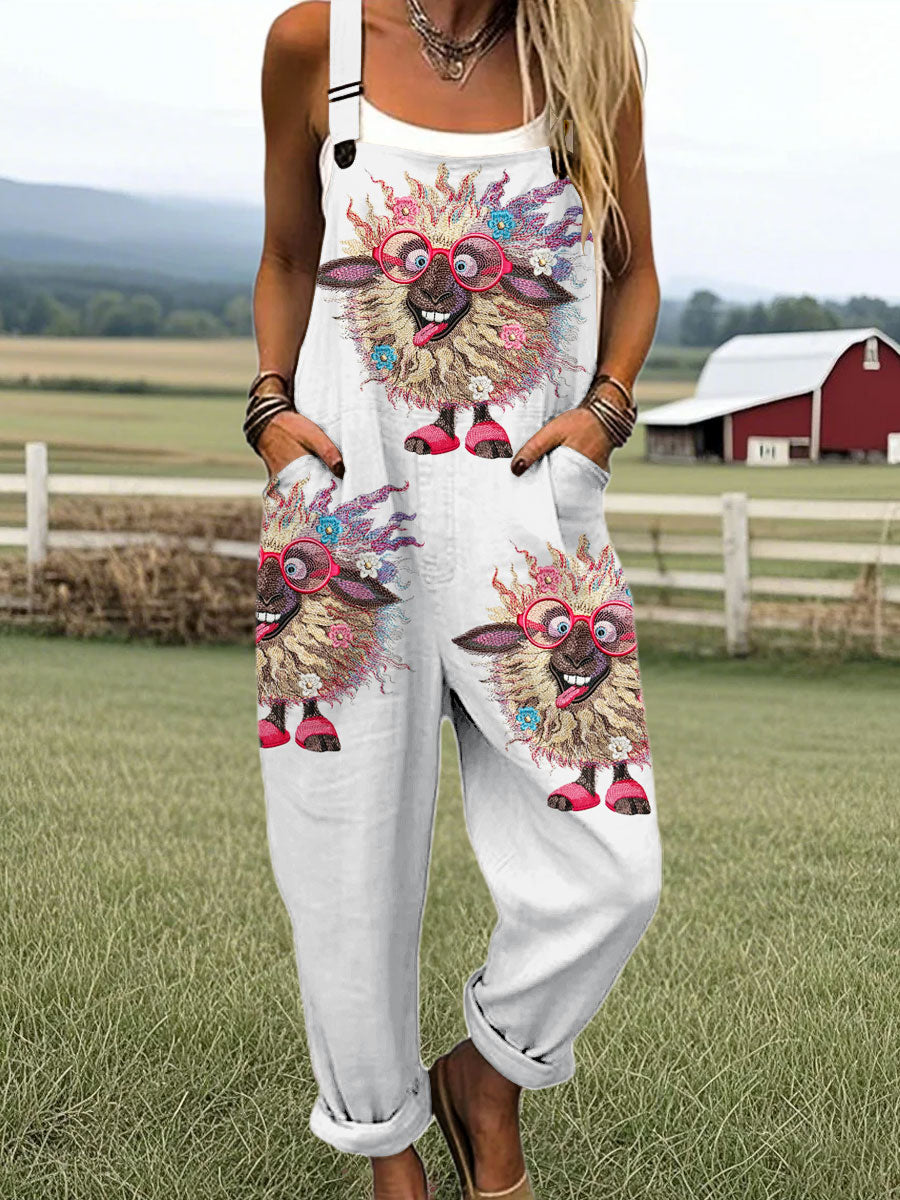 Women's Vintage Funny Farm sheep Print Casual 100% Cotton Wide Leg Jumpsuit