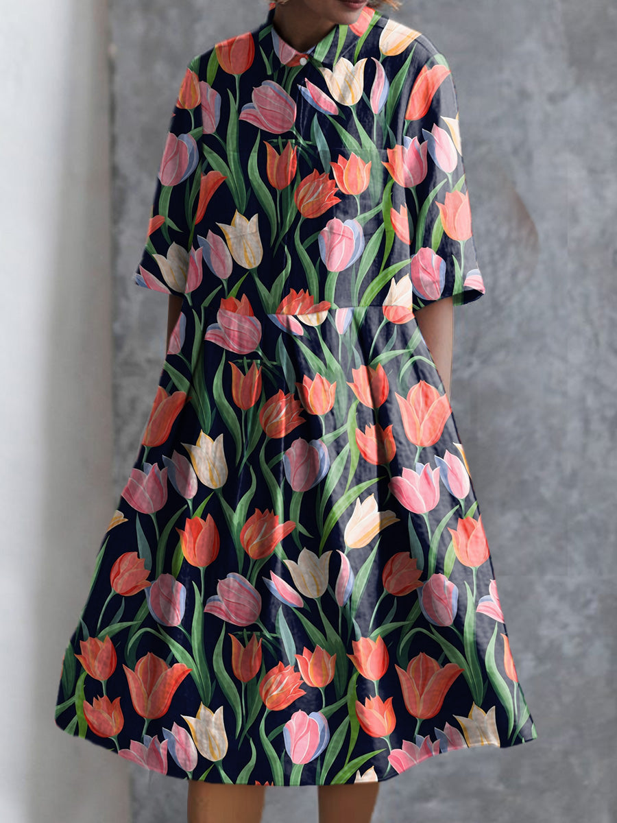 Tulip Floral Repeat Pattern Printed Women's Pocket Cotton Dress