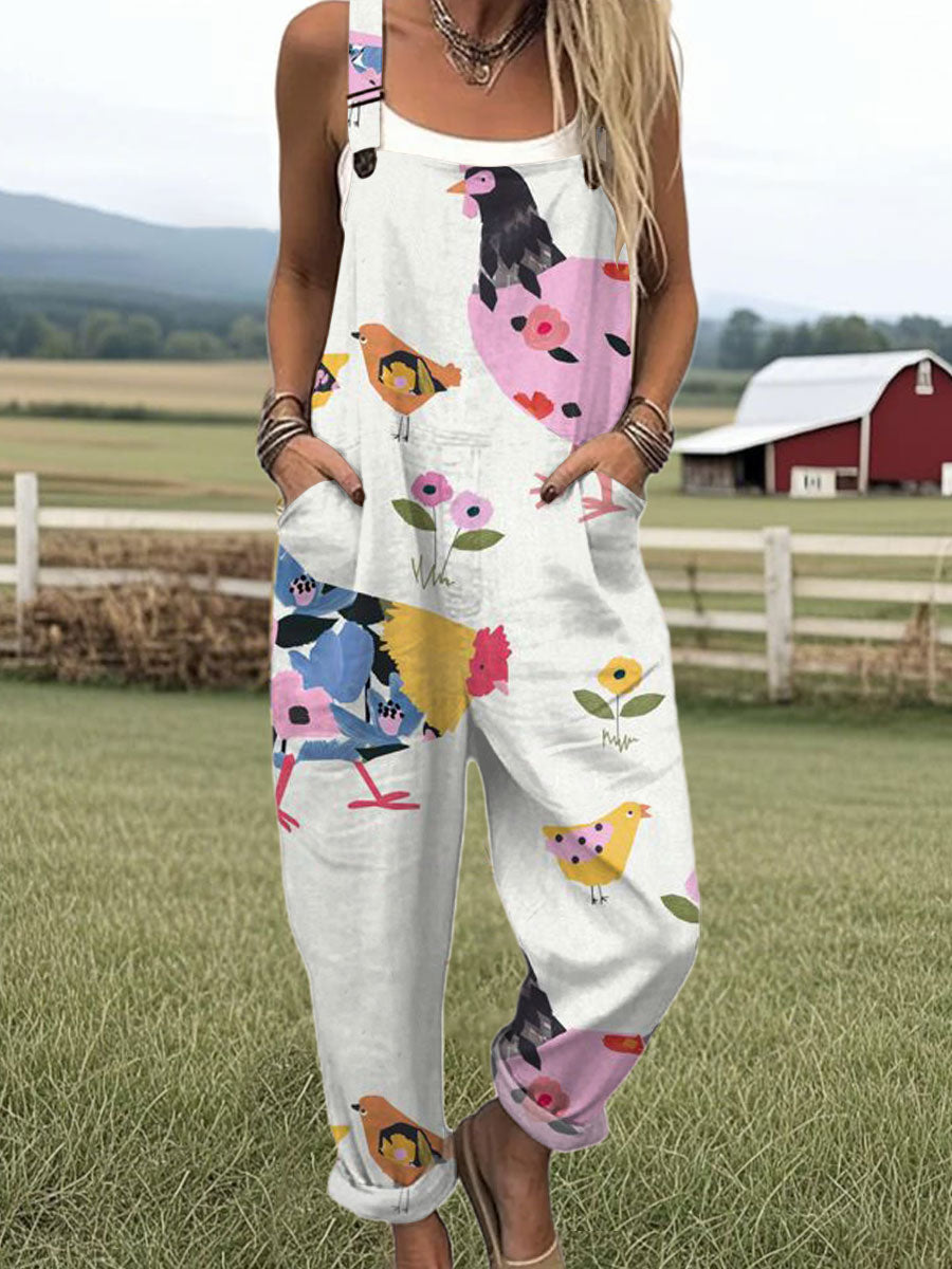 Women's Funny Chick Art Print Casual 100% Cotton Wide Leg Jumpsuit