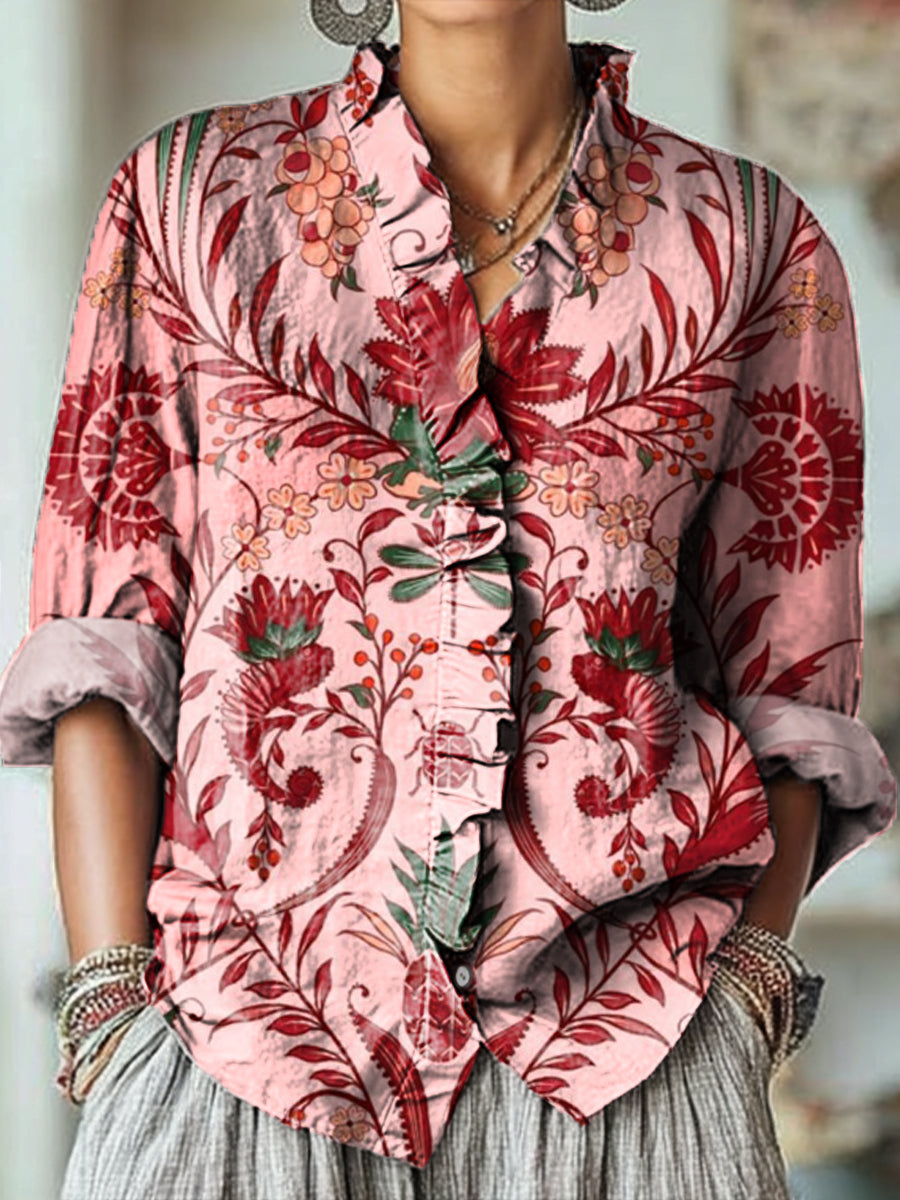 Women's Abstract Ethnic Floral Painting Art Print Casual Cotton And Linen Ruffle Shirt