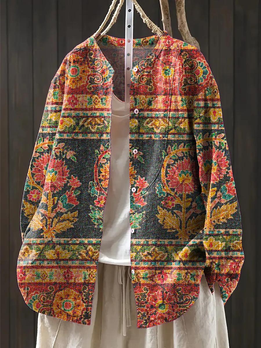 Women's Vintage Floral Art Print Casual Cotton And Linen Shirt