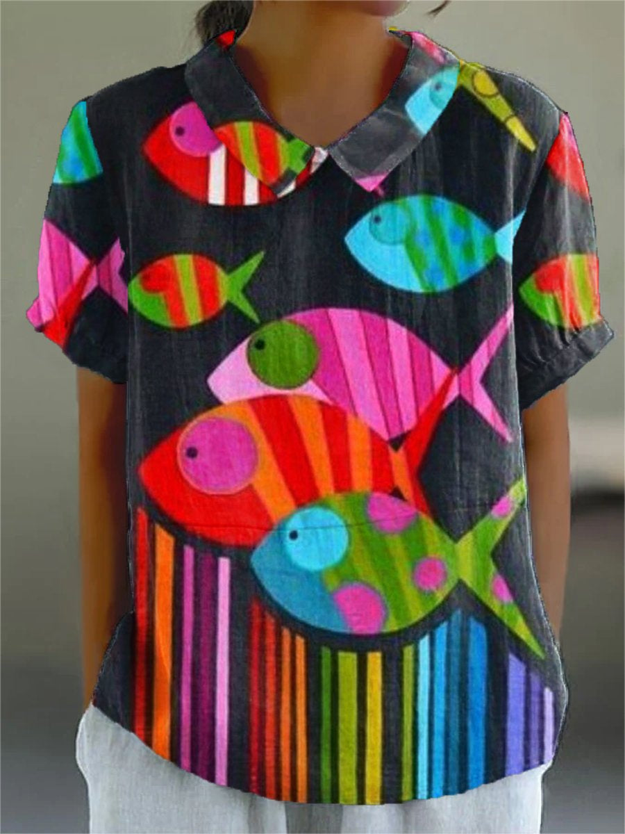 Women's Fish  Art Print Casual Cotton And Linen Shirt